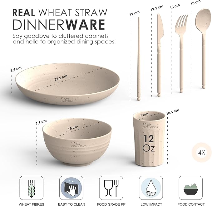 Wheat Straw Dinnerware Sets for 4 - Alternate To Plastic Dinnerware Set - Dishwasher Safe Microwave Plates - Lightweight Wheatstraw Dishes - Unbreakable Camping Plates &amp RV Dishes