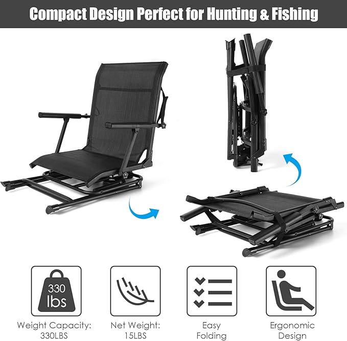 DORTALA 360 Degree Swivel Hunting Blind Chair Portable Swivel Blind Stool w/Armrest Sturdy Metal Frame Mesh Back Ground Hunting Blind Chair for Adults Great for Outdoor Hunting Camping Black