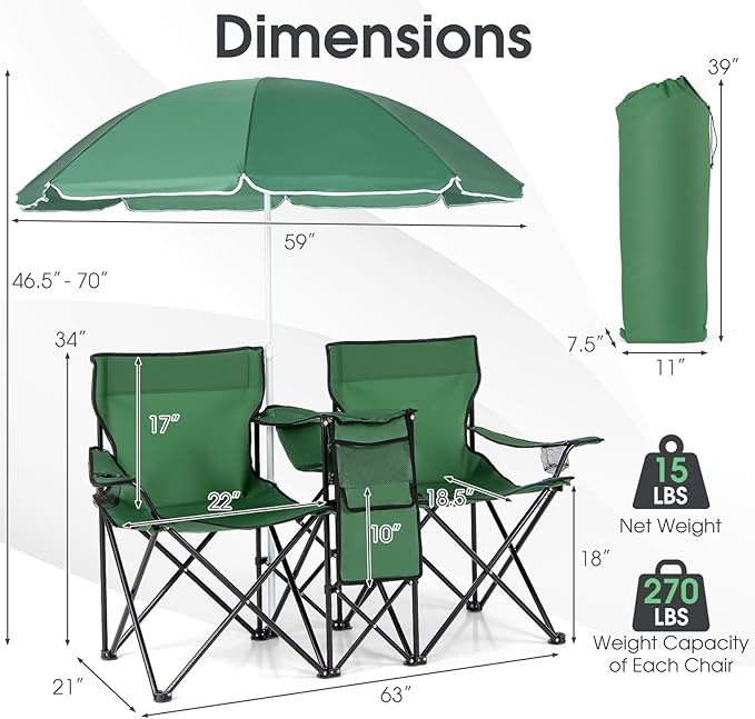MAT EXPERT Folding Double Camp Chair w/Removable Umbrella Portable Picnic Chair w/Mini Table Chair Set w/Beverage Holder Portable Loveseat Camp Chairs for Beach Backyard Poolside (Green)