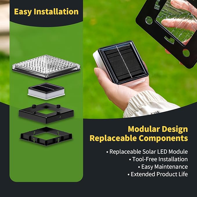 Glass Solar Post Cap Lights with Crystal Style - Decorative Deck Fence Lights for 4x4 5x5 Posts Hidden Solar Panel Modular Design 10Hr Runtime IP65 Warm White Black 2 Pack