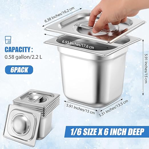 Thenshop 6 Pack Stainless Steam Hotel Pan with Lid Deep Steam Table Pan Reusable Anti Rust Water Restaurant Supplies for Home Party Buffet