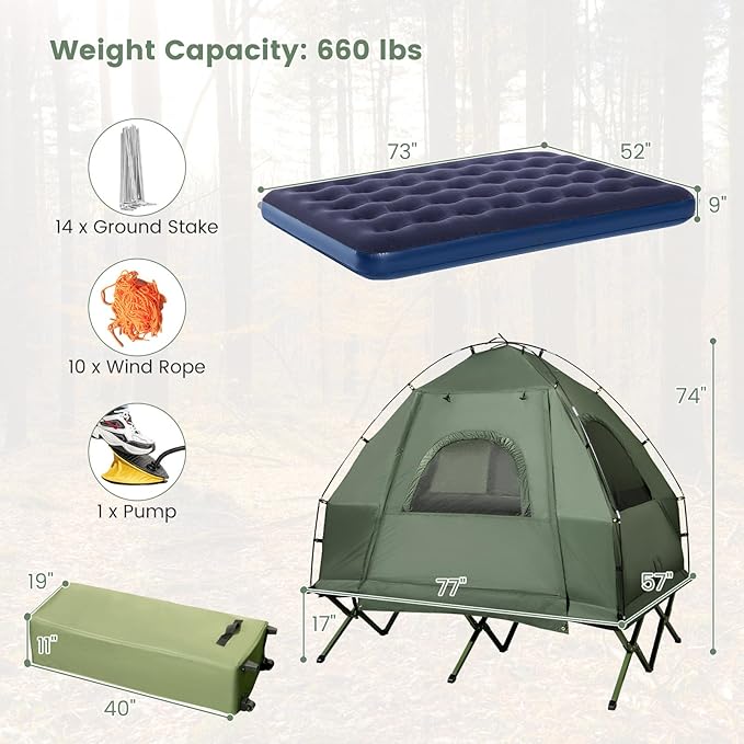 LDAILY Camping Tent Cot 5 in 1 Off Ground Elevated Tent with Air Mattress Sleeping Bag &amp Pillow Folding Camping Cot Combo with Carrying Bag for Outdoor Hiking RV Picnic Field Backyard (2 Per