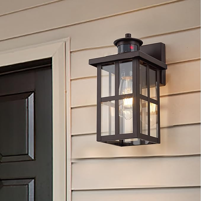 MICSIU 11.75 Bronze Motion Sensor Outdoor Wall Light Dusk to Dawn Exterior Wall Sconce with 3 Modes Clear Glass Anti-Rust Porch Light for House Garage Oil Rubbed Bronze 1-Pack