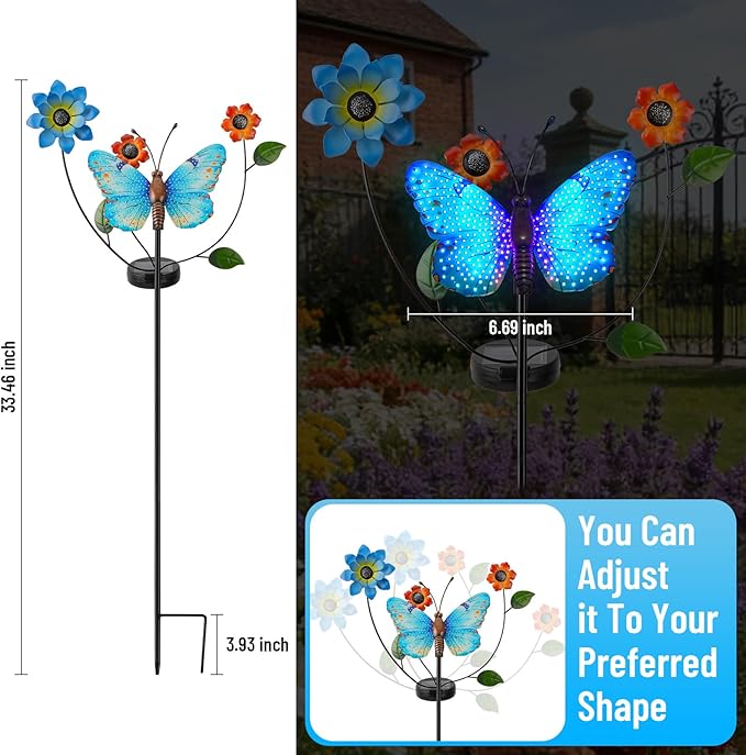 Solar Butterfly Garden Lights 2 Lighting Modes Colorful LED with Flower &amp Butterfly Decor Waterproof Solar Stake Lights for Garden Yard Patio Lawn Pathway (Blue)