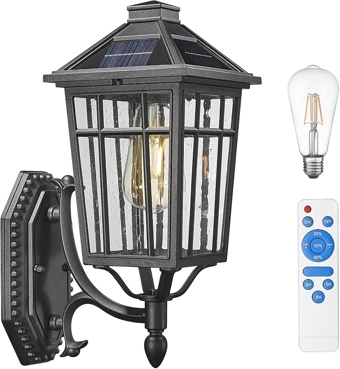 Darkaway Solar Outdoor Wall Lights Dusk to Dawn Outside Wall Sconce Lighting with Remote Black Exterior Light Fixture for House Porch Yard Hallway Doorway Garage