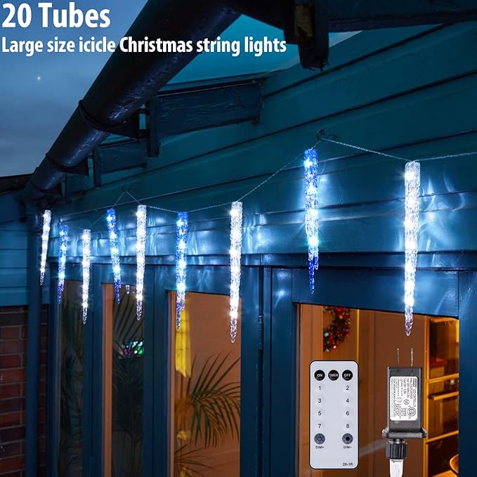 Blue and White Icicle Lights for Outside Christmas Lights Outdoor with 20 Large Tubes 29FT 8 Modes with Timer Connectable Meteor Shower Light for Eave Roofline Tree Decoration