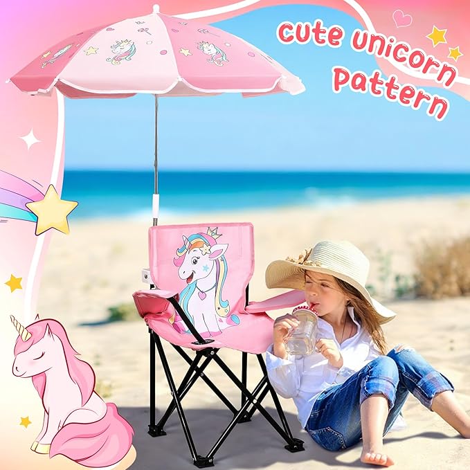 Outdoor Toddler Camping Chair with Umbrella Foldable Beach Chairs with Safety Lock for Kids Waterproof Lawn Kids Folding Chair for Outside Beach Travel(Unicorn)