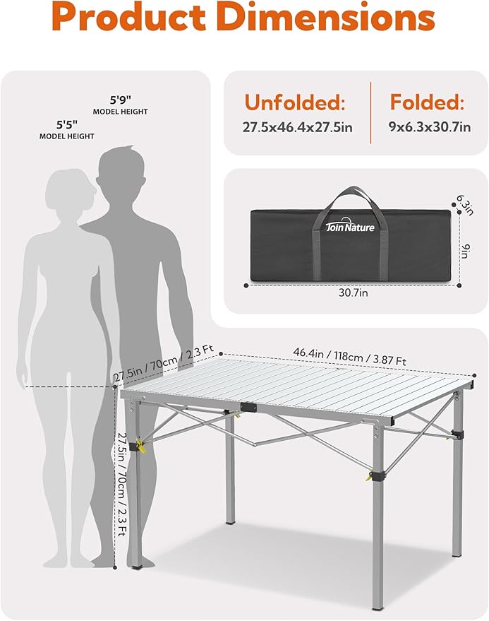 Large 46.4 Camping Table for 2-6 People - 220lbs Capacity Heavy Duty Foldable Outdoor Table with Aluminum Roll-Up Top &amp Carry Bag Portable Picnic Desk for BBQ Tailgating Backyard (Silver)