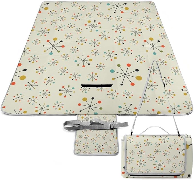 Modern Atomic Stars Retro Colors Stock Illustration Waterproof Outdoor Picnic Blanket Sandproof Beach Mat for Camping Hiking Grass Travelling