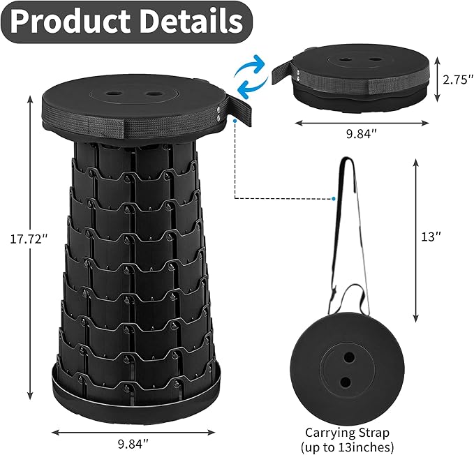 VECELO Telescoping Folding Stool Upgraded Portable Collapsible Retractable Stool with Load Capacity 400lbs for Garden Fishing Camping Hiking BBQ 1 PCS Black