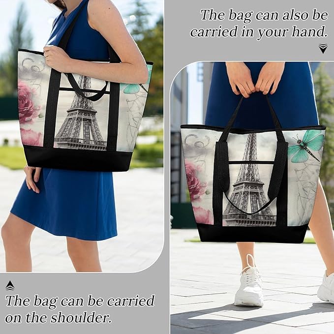 Insulated Shopping BagLarge Reusable Cooler Bags Dragonfly French Tower Printed Foldable Shopping BagTravel Waterproof Shoulder Bag