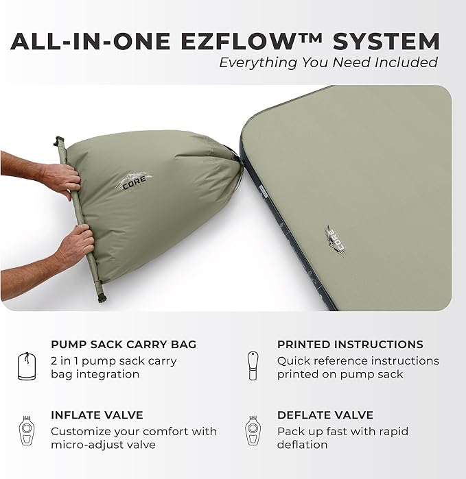 CORE Double Self Inflating Camping Bed | Perfect Blow Up Mattress for Travel Car Camping &amp Outdoor Use | Air &amp Foam Filled Inflatable Sleeping Pad for Adults