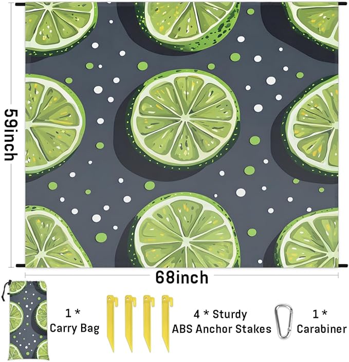 Waterproof Sandproof Beach Blanket 59''×68'' Sour Lemon Slices Polyester Outdoor Picnic Blanket with 4 Stakes &amp Storage Bag for BeachCampingVacation Fruit