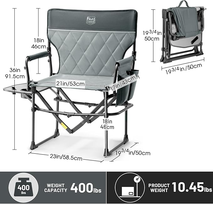 Timber Ridge Aluminum Camping Directors Chair with Side Table Pocket Portable Folding Chair Heavy Duty Lawn Chair for Fishing Trip Picnic Concert Outdoor 400lbs Grey
