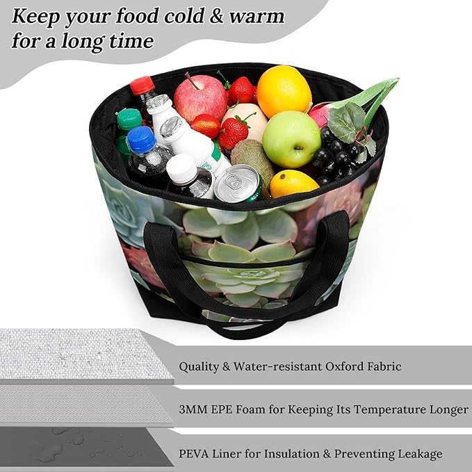 Insulated Shopping BagLarge Reusable Cooler Bags Cactus Succulents Printed Foldable Shopping BagTravel Waterproof Shoulder Bag
