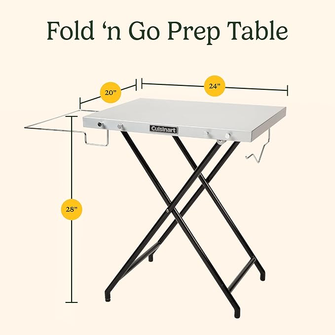 Cuisinart Fold ‘n Go Prep Table Portable Folding Table and Grill Stand with Tool hooks Trash Bag Holder Paper Towel Rack 24” x 20” Steel Food Prep Station Perfect for BBQs Tailgates and Camping