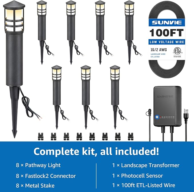SUNVIE All-in-One LED Landscape Lighting Kit 8-Pack Low Voltage Pathway Lights with Transformer and 100FT 16/2 AWG Wire 3000K Waterproof Landscape Lights with Connectors for Walkway Garden Yard
