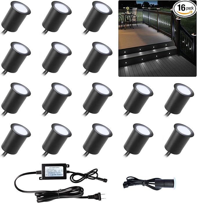 Deck Lights with Photocell and Protecting Shell Cold White Φ1.18in Low Voltage 12V DC IP67 Waterproof Electric Wired Round Recessed LED Outdoor Stair Step Landscape Lighting 16 Pack Black