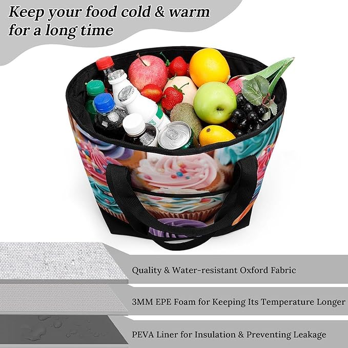 Insulated Shopping BagLarge Reusable Cooler Bags Birthday Cupcakes Printed Foldable Shopping BagTravel Waterproof Shoulder Bag