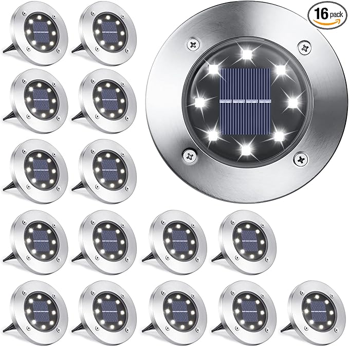 LYHOPE Solar Ground Lights Outdoor 16 Pack 8 LED Solar Disk Lights Waterproof Garden In-ground Pathway Light Landscape Lighting for LawnYardDeckPatioWalkway (White)