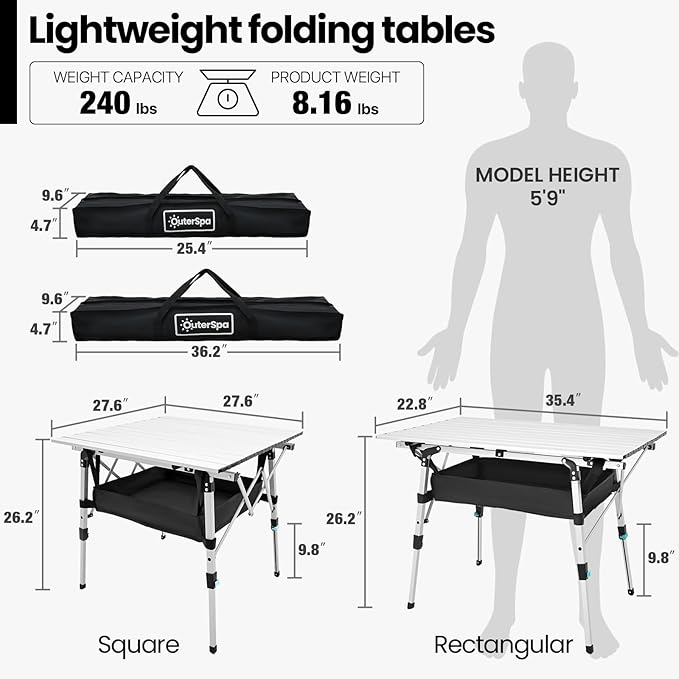 Portable Camping Table with Adjustable Legs Lightweight Aluminum Folding Table Foldable Table for Outdoor Cooking Picnic Beach Backyards Rectangular