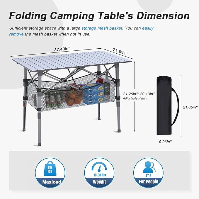Portable Camping Table with Adjustable Height Legs Lightweight Aluminum Roll-up beach tables for sand foldableFolding Picnic Table Large Storage Basket for Outdoor camping (Black Medium 37)