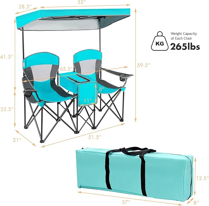 DORTALA Double Camping Chair with Canopy 2 Person Folding Beach Chair with Canopy Shade Table Beverage Holder and Storage Bag Double Rocker Chair Outdoor for Camping Beach Picnic Turquoise
