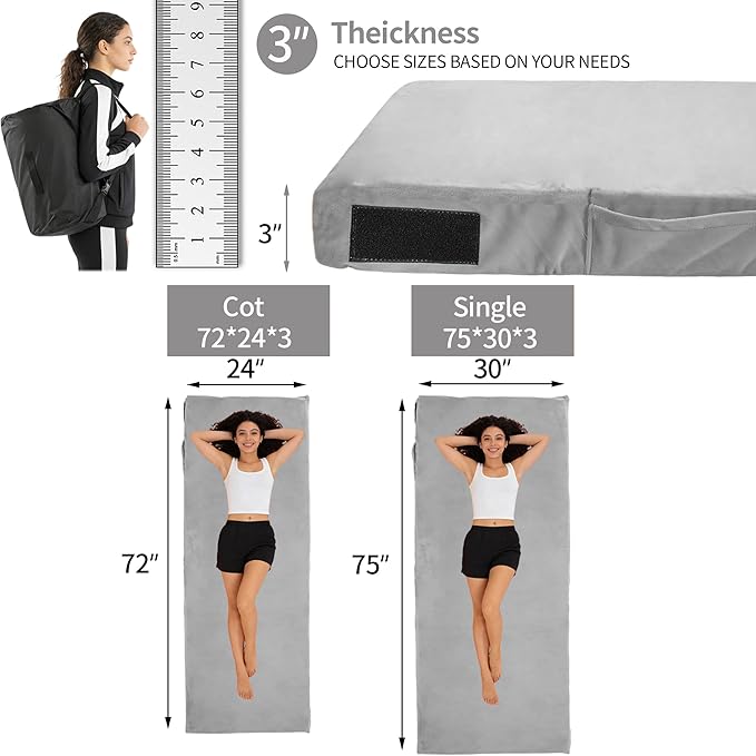 3 Inch Memory Foam Camping Mattress Pad Dual Layer Thick Sleeping Camp Mat for Sleepover Car Tent Portable Roll Up Mattress for Adults with Travel Bag