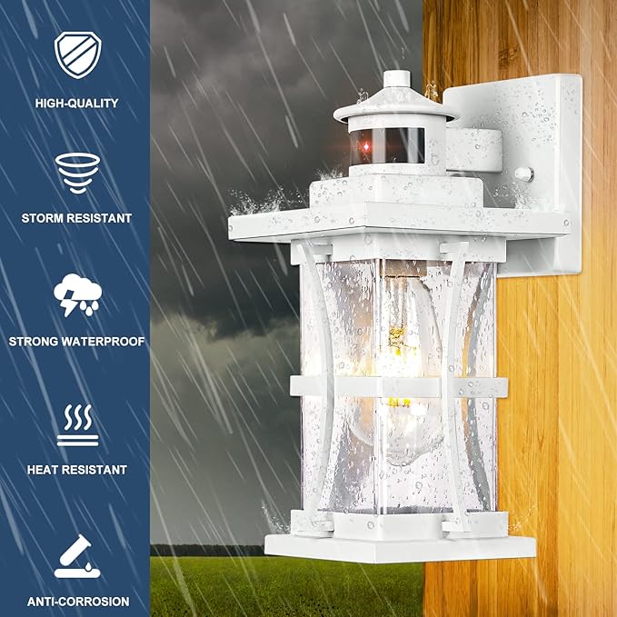 2 Packs White Motion Sensor Outdoor Lights - Advanced Dusk to Dawn Outdoor Lighting Waterproof Exterior Light Wall Mount Fixtures Anti-Rust Porch Outside Lights Wall Sconce for House Garage Square