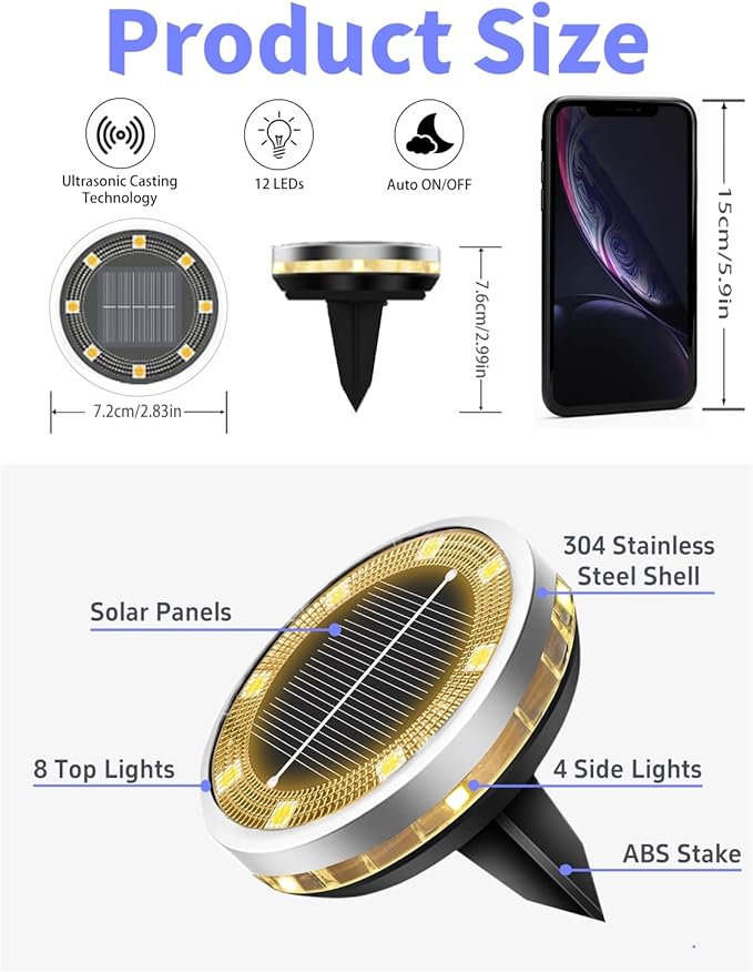 Solar Ground Lights Outdoor 12 Pack Waterproof Upgraded Solar Garden Lights with 4 Side Light Stainless Steel Solar Powered Disc Landscape Light for Walkway Pathway Lawn Yard Patio Deck-Warm White
