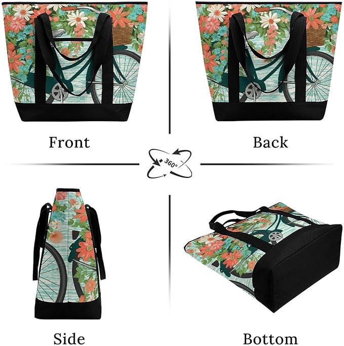 Insulated Shopping BagLarge Reusable Cooler Bags Bicycle with Flower Printed Foldable Shopping BagTravel Waterproof Shoulder Bag