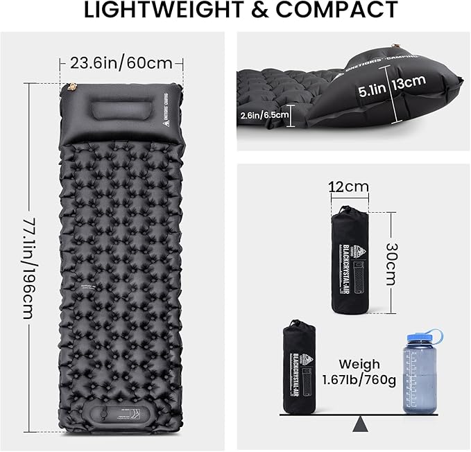 ONETIGRIS Blackcrystal Sleeping Pad Ultralight Camping Sleeping Pad with Pillow Built-in Foot Pump Inflatable Sleeping Mat Compact for Camping Backpacking Hiking Traveling Tent