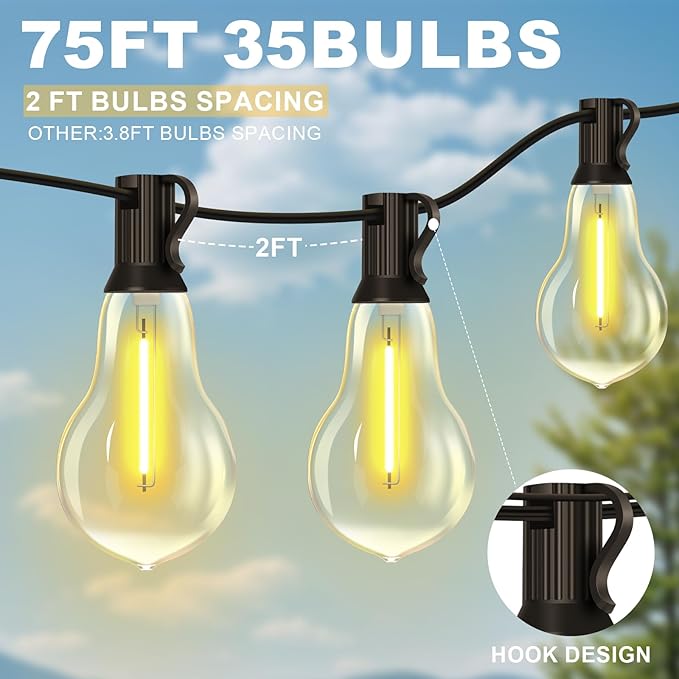 75FT Outdoor String Lights with 35+3 Waterproof Bulbs 2FT Bulbs Apart Dimmable &amp Connectbale Commercial Grade Patio String Lights for Outside Porch Backyard Garden Deck Decor