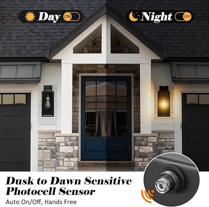 16-inch Dusk to Dawn Outdoor Wall Light Fixture Large Black Exterior Wall Lantern Waterproof Farmhouse Porch Sconce Lighting Modern Wall-Mounted Outside Lights for House Garage Patio Lamp 2 Packs
