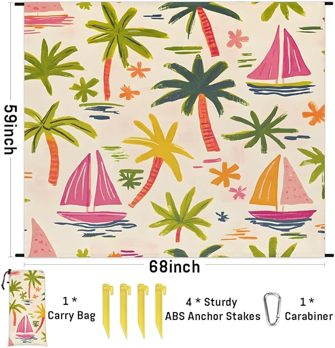 Waterproof Sandproof Beach Blanket 59''×68'' Landscape Sea Polyester Outdoor Picnic Blanket with 4 Stakes &amp Storage Bag for BeachCampingVacation Beige