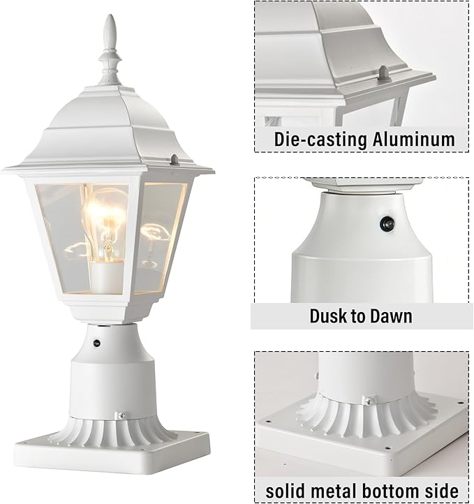 Outdoor Post Lights 2 Pack Dusk to Dawn with Photocell Waterproof Exterior Post Light Fixture 5.9” Pier Mount Base White Aluminum Post Lantern with Clear Glass