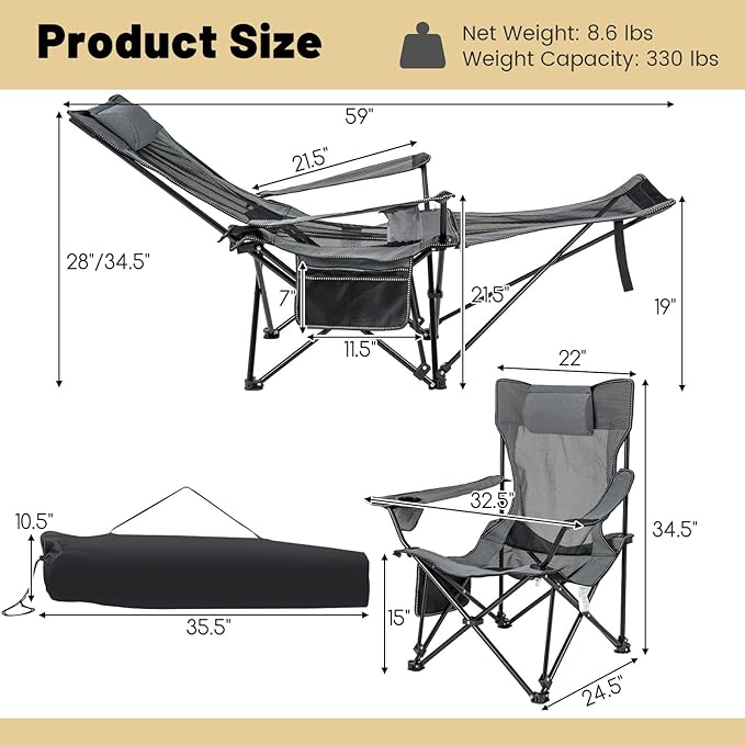 GYMAX Camping Chair Adjustable Reclining Lounge Chair w/Removable Footrest Padded Pillow Cup Holder &amp Side Pocket Folding Camping Mesh Chair w/Carry Bag for Outdoor Patio Lakeside (1 Grey)