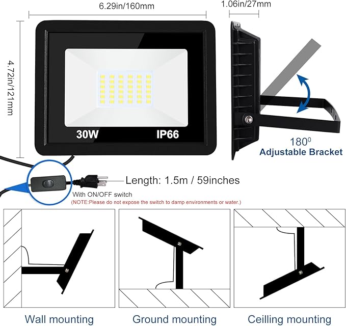 LED Flood Light Outdoor30W LED Work Light with ON/Off Switch Plug in Security Lights IP66 Waterproof 6500K 2Pack Portable Exteriores Floodlights for Yard Garage Stadium Garden Patio
