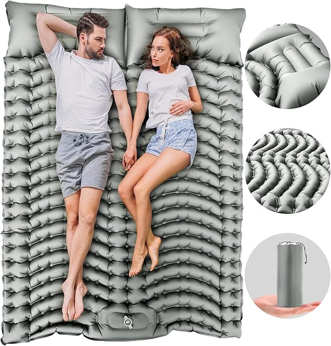 Double Sleeping Pad Self-Inflating 4 Thick for 2 Person Camping - Built-in Foot Pump Ergonomic Pillow &amp Ultra-Portable Design for Backpacking Hiking Tent Use