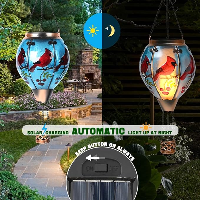 Hot Air Balloon Solar Lantern - Cardinal Bird Glass Lantern Simulated Flickering &amp Dancing Flame Outdoor Hanging Yard Light Waterproof IP65 for Patio Lawn Porch Decor Gift