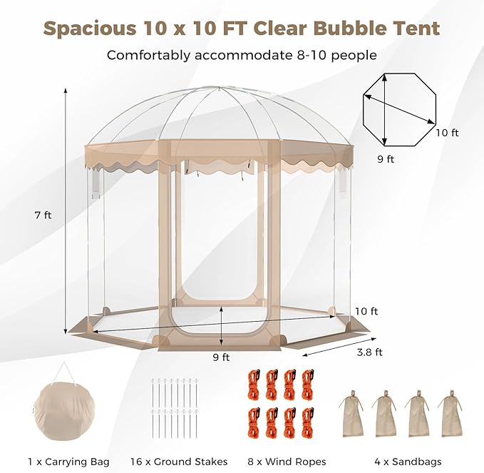 KOTEK Pop Up Bubble Tent 10 x 10 Ft Weather Pod with 2 Roll-Up Doors Carrying Bag 8-10 Person Igloo Tent Dome for Camping Backyard Beach Parks Winter Activities Outdoor Events