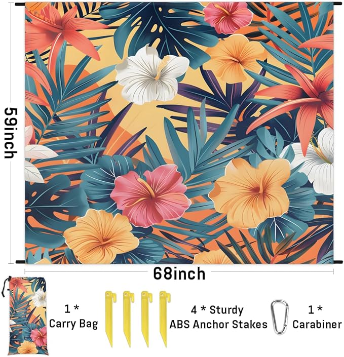 Waterproof Sandproof Beach Blanket 59''×68'' Palm Coconut Flower Polyester Outdoor Picnic Blanket with 4 Stakes &amp Storage Bag for BeachCampingVacation Yellow