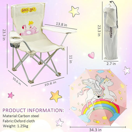 2 Pack Kids Camping Chair - Kids Beach Chair with Umbrella - Foldable Storage Cup Holder Durable wear-Resistant Non-Slip Lightweight Design for Beach Patio Outdoors Lawn (Pink+Blue)