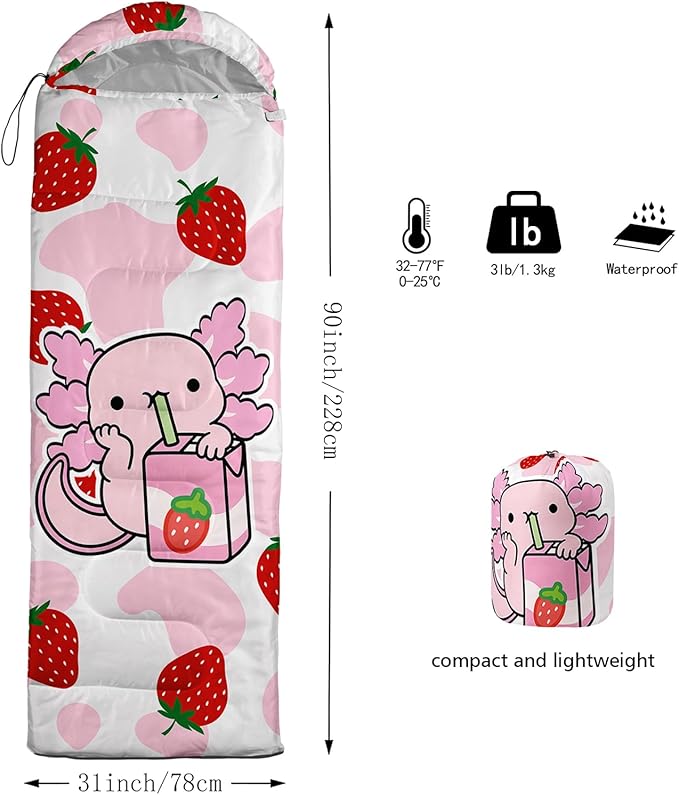 QOOMO Axolotl Cute Camping Sleeping Bags3 Season Warm &amp Cool WeatherLightweightWaterproof Sleeping Bags for Adults &amp KidsTravelingand Outdoors