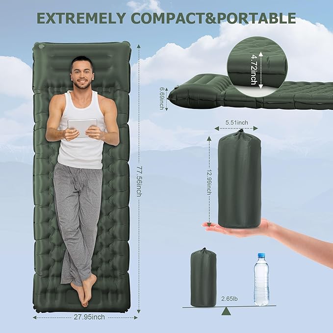 Sleeping Pad 4.7 Extra-Thick &amp Ultralight Inflatable Camping Mat with Pillow Built-in Foot Pump Compact for Backpacking Camping Hiking Travel —Military Green