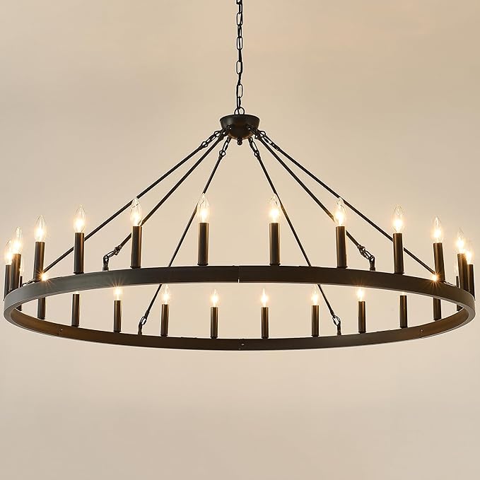 53 Inch Large Black Farmhouse Wagon Wheel Chandelier24-Light Round Industrial Pendant Light fixtures for Outdoor Porch high Ceilings Living Dining Room Foyer Entryway