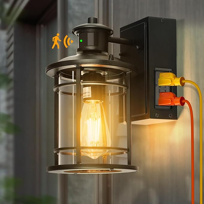 OKELI Retro Industrial Black Outdoor Wall Lights with GFCI Outlet - Dusk to Dawn &amp Motion Sensor Porch Light 3 Modes Waterproof Anti-Rust Exterior Sconce for PorchGarage Patio House
