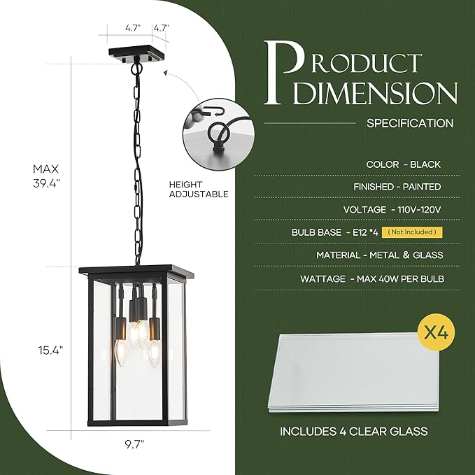 10 Modern 4-Light Exterior Black Square Lantern Pendant Light Fixture with Clear Glass Industrial Hanging Cage Chandelier for Outdoor Porch Kitchen Island Dining Room Hallway Entryway Foyer
