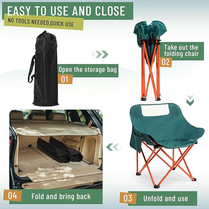 2 Pack Compact Camping Chairs Portable Folding for Outside with Carry Bag Lightweight Moon Chairs for Travel Picnic Hiking Beach Fishing 600D Oxford Supports 330lbs(Green Black)