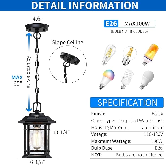 Dusk to Dawn Pendant Lights - 10.25'' Black Exterior Hanging Lanterns Farmhouse Outdoor Ceiling Light Fixture Waterproof Tempered Seed Glass Chandelier 1Pack